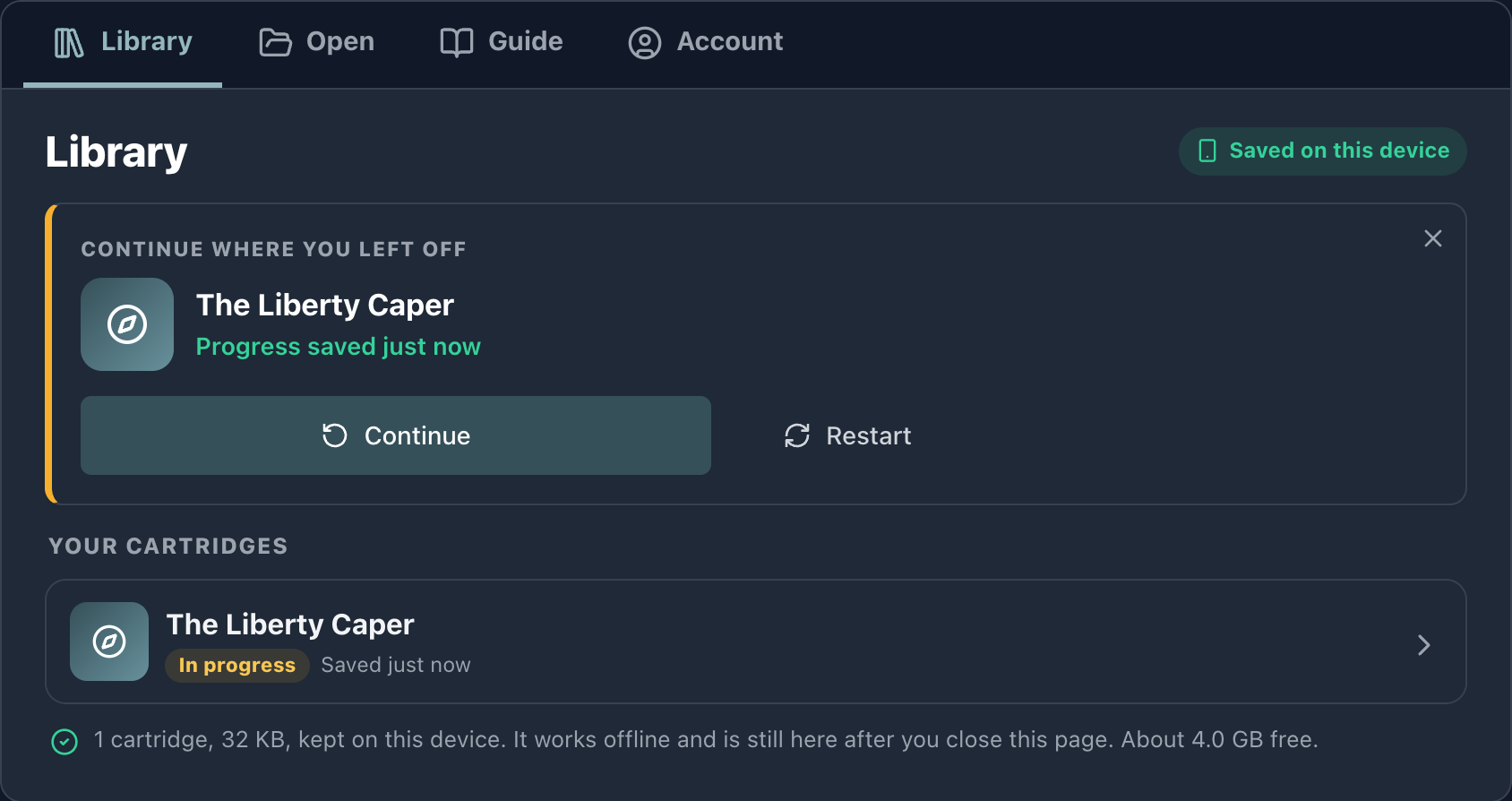 The Wherigo Player's Library tab in dark mode: a Continue where you left off card for The Liberty Caper, the same cartridge in the list below marked In progress, and tabs for Library, Open, Guide and Account.