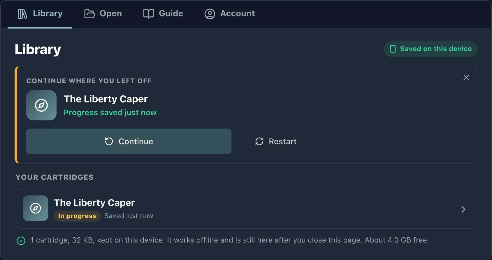The Wherigo Player's Library tab in dark mode: a Continue where you left off card for The Liberty Caper, the same cartridge in the list below marked In progress, and tabs for Library, Open, Guide and Account.