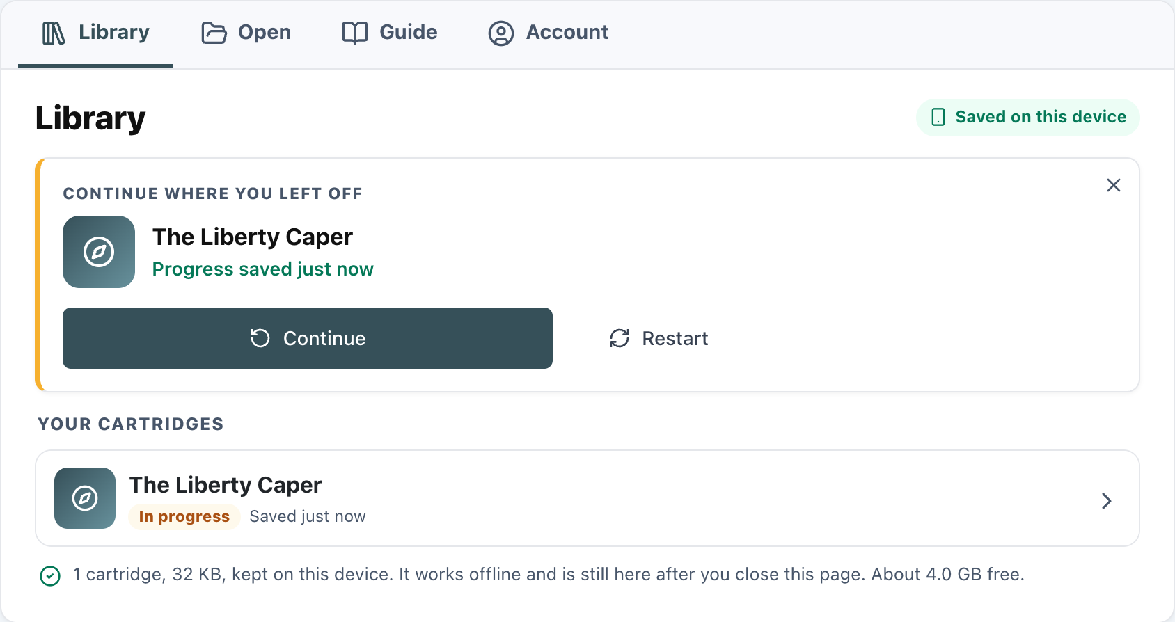 The Wherigo Player's Library tab: a Continue where you left off card for The Liberty Caper, the same cartridge in the list below marked In progress, and tabs for Library, Open, Guide and Account.