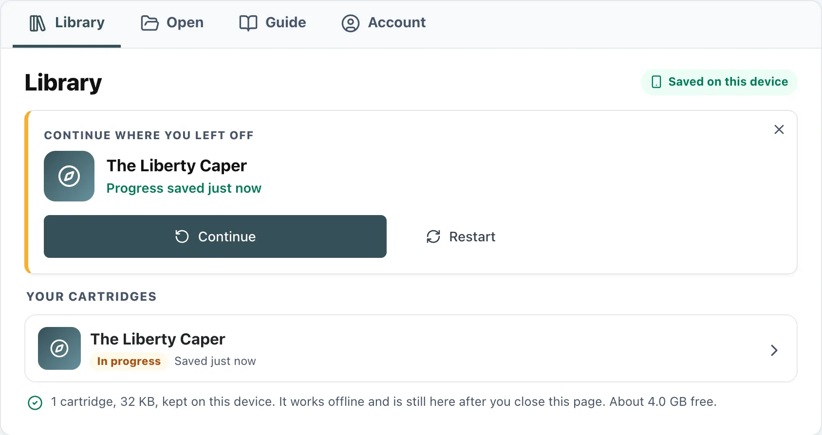 The Wherigo Player's Library tab: a Continue where you left off card for The Liberty Caper, the same cartridge in the list below marked In progress, and tabs for Library, Open, Guide and Account.
