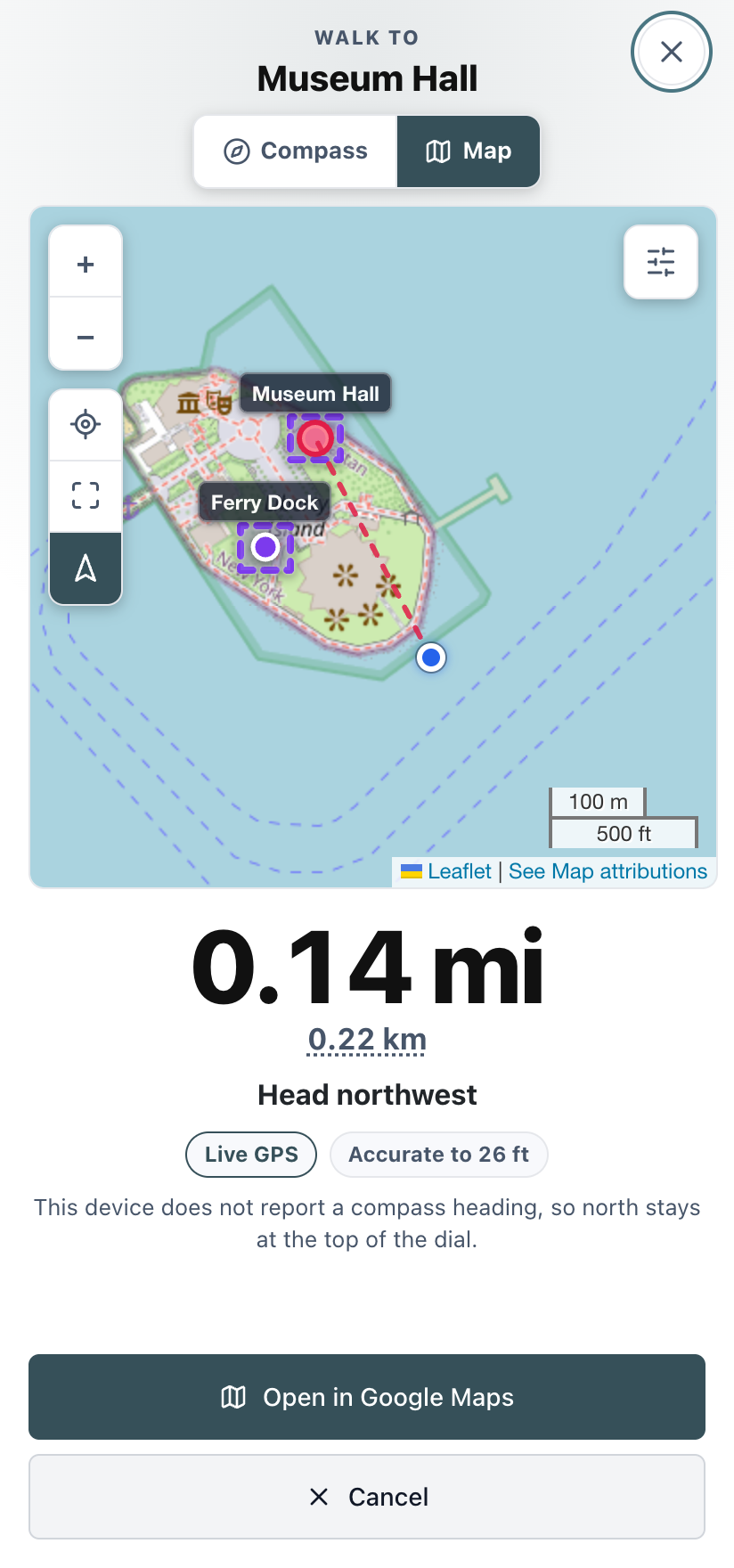 The navigate screen in its map view: the target zone framed with a dashed line from the player to it, the distance in large numbers beneath, and a button to open the phone's own maps app.