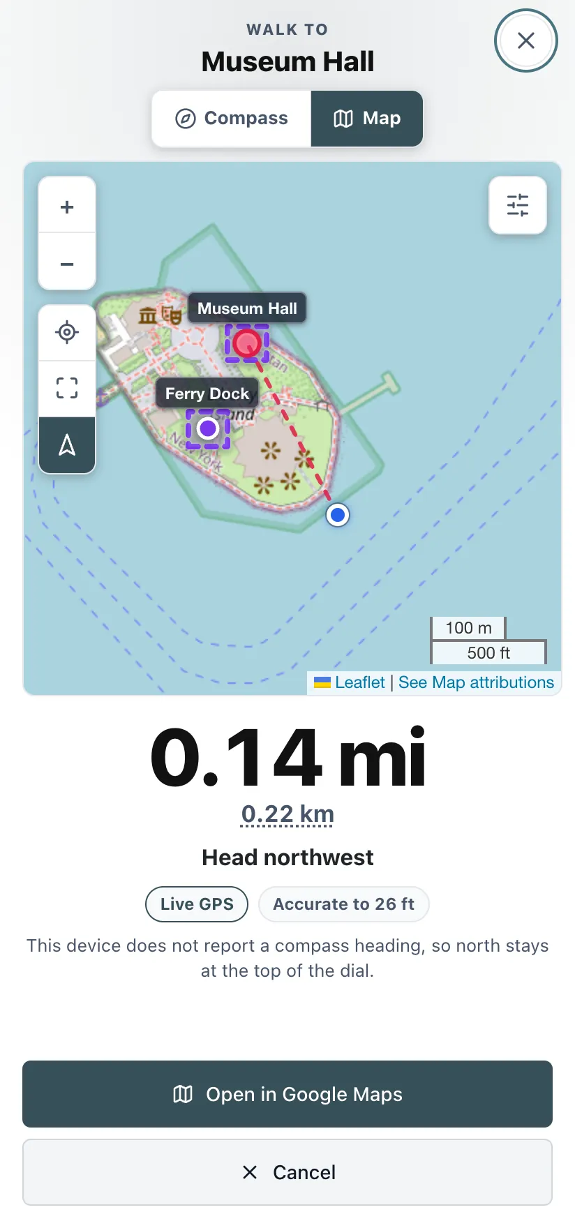 The navigate screen in its map view: the target zone framed with a dashed line from the player to it, the distance in large numbers beneath, and a button to open the phone's own maps app.