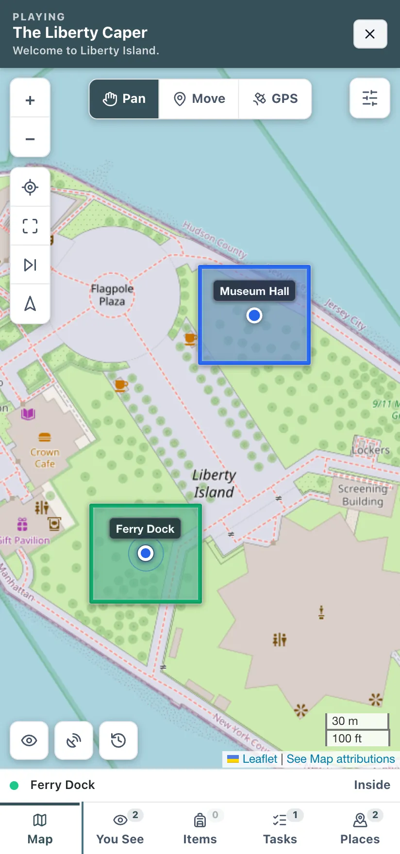 The Wherigo Player on a phone: the map fills the whole screen, a line at the foot of it names the nearest place, and five tabs run along the bottom.