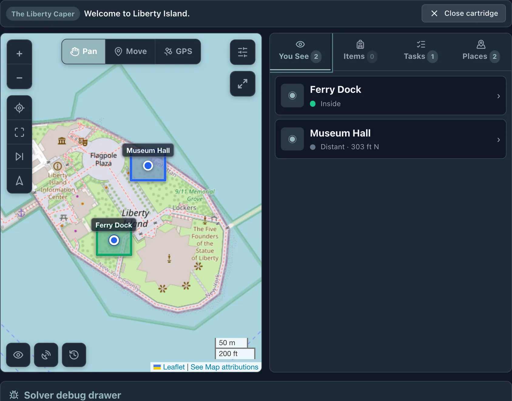 The Wherigo Player mid-game in dark mode: a map of Liberty Island with two zones drawn on it, movement mode buttons above the map, and a panel of tabs listing what the player can see.