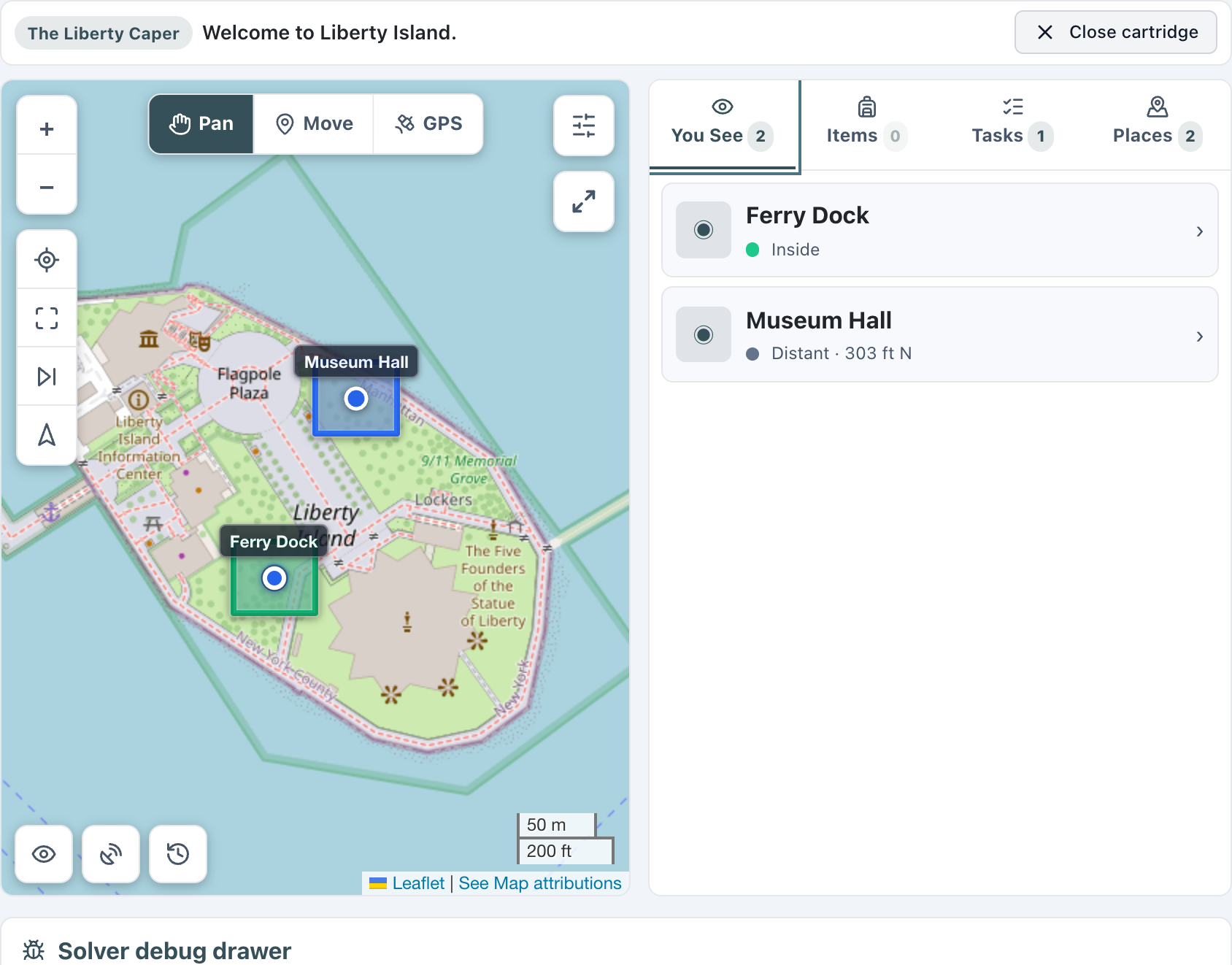 The Wherigo Player mid-game: a map of Liberty Island with two zones drawn on it, movement mode buttons above the map, and a panel of tabs listing what the player can see.