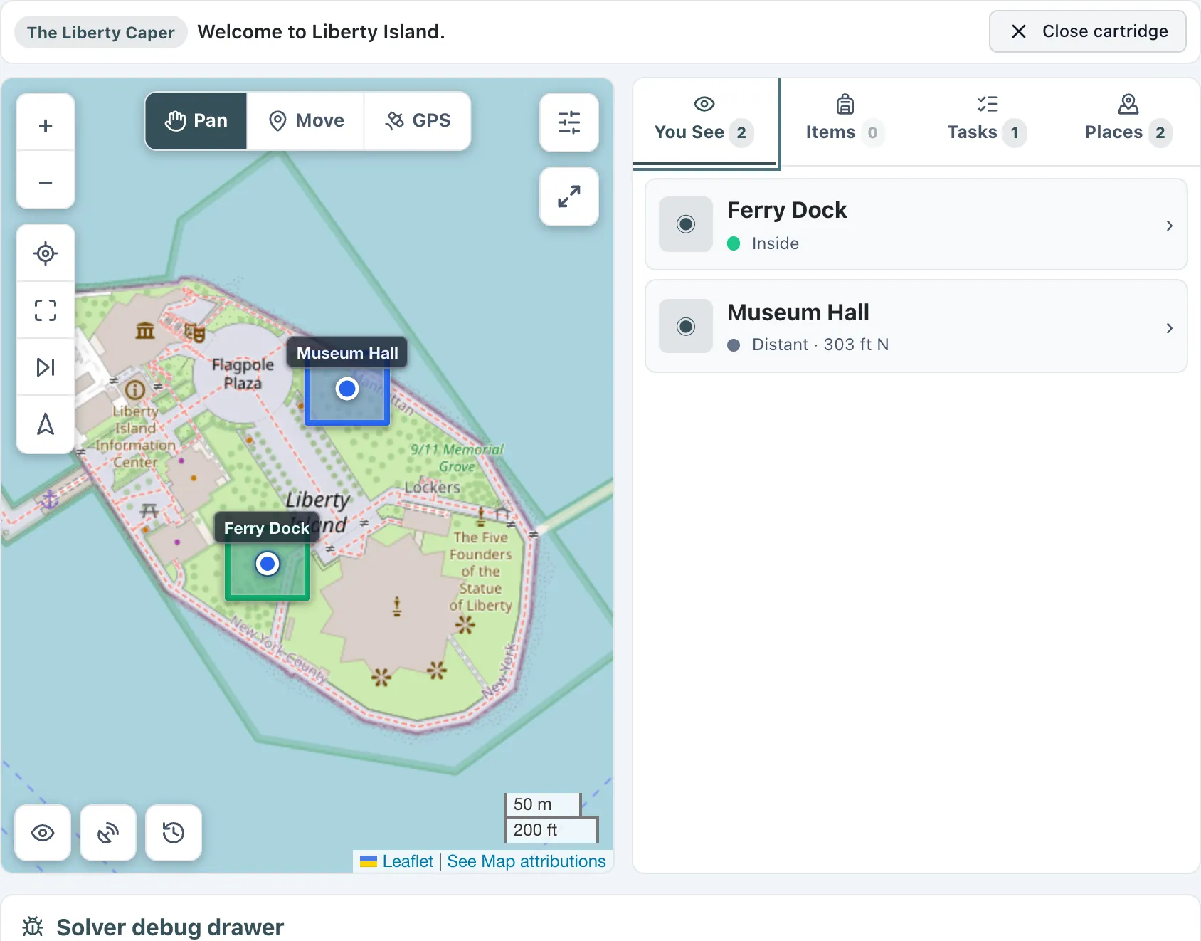 The Wherigo Player mid-game: a map of Liberty Island with two zones drawn on it, movement mode buttons above the map, and a panel of tabs listing what the player can see.