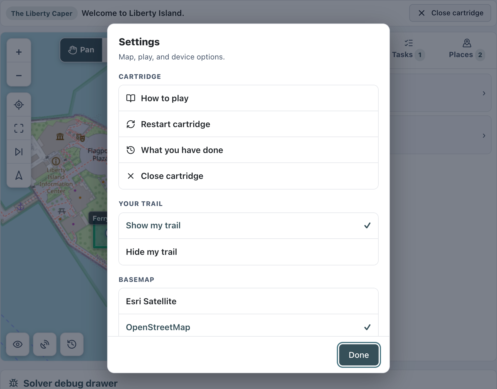 The player settings sheet, listing cartridge actions, a choice of basemaps and distance units.